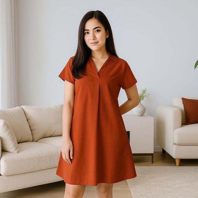 AMDOXTE Fashion Fabric -  Dress Wanita Casual A-Line Mini Dress Kerah V-Neck lipat Lengan Pendek #41