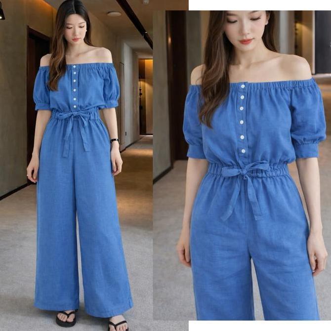 EFLUDOP Jumpsuit Korea Wanita Viral TikTok Denim Biru Off Shoulder Kulot Panjang Kekinian Js Sherli 
