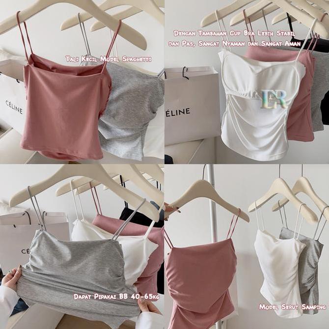 SOJEHBOW LNR Shop Lokal Premium Tanktop Serut Samping dengan Pad Bra / Cup Busa Tali Kecil untuk Wan