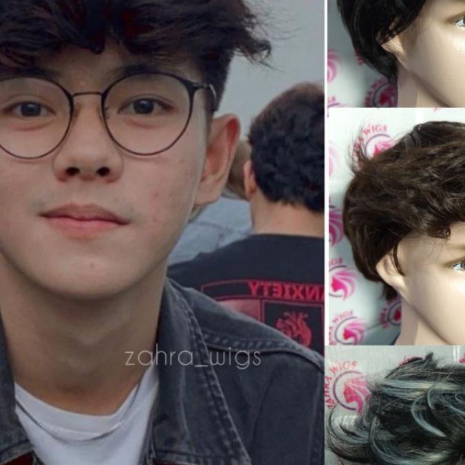 Wig Pria Rambut Pendek Gondes Kece Badai Warna Hitam Coklat Highlight