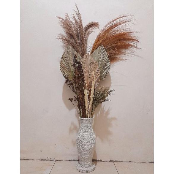 SOLQEN PAKET LENGKAP BUNGA KERING / VAS GUCI TINGGI 40CM+ DAUN PALEM+ PAMPAS NATURAL/ DEKORASI RUSTI