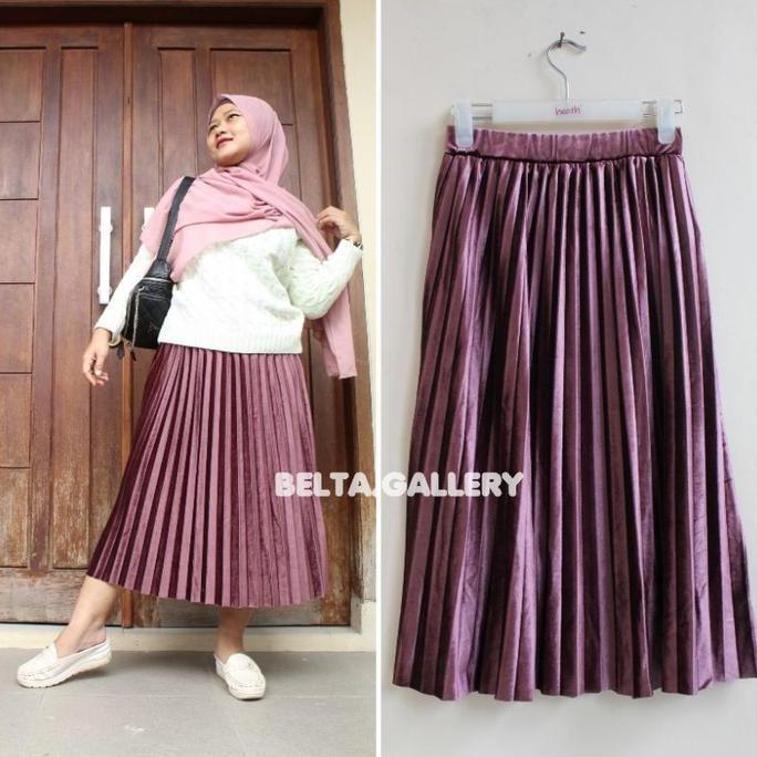 Rok 7 per 8 Wanita Dewasa Import Plisket Velvet Bludru 7/8 Premium Glossy Tebal Ori Midi Skirt Korea