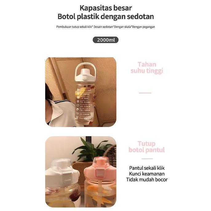 BAIAVY Botol minum sekolah/Botol air minum 2000ml/cangkir plastik sedotan/botol minum dewasa