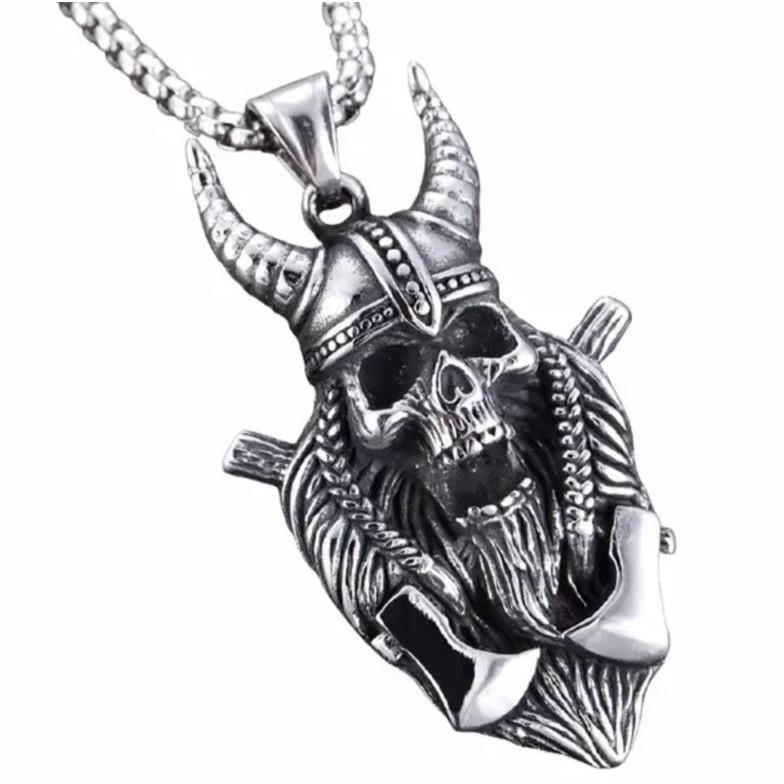 LIMITED KALUNG RANTAI TITANIUM PRIA LIONTIN BAJA TITANIUM TENGKORAK TANDUK GAYA PUNK SILVER ANTI KAR