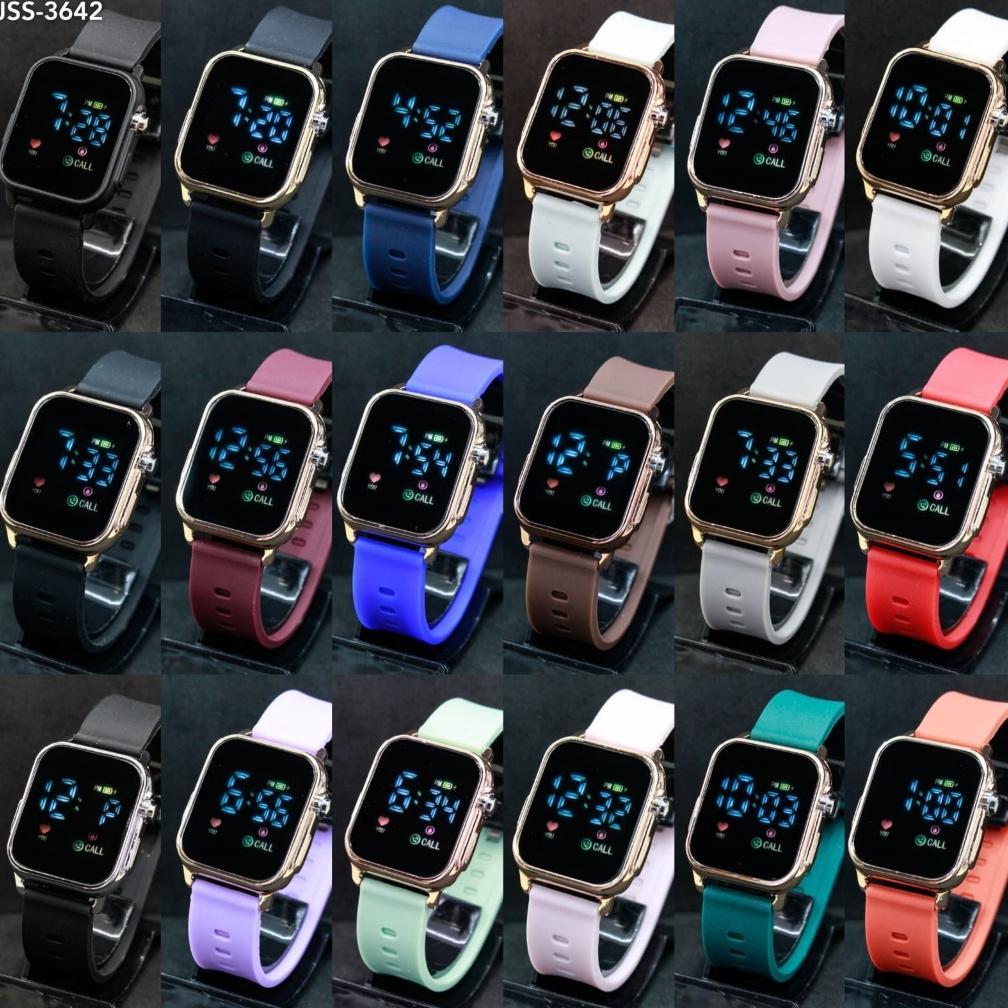 Original Jam Tangan Led Watch Jss3642 Kotak Cewek Cowok Strap Rubber