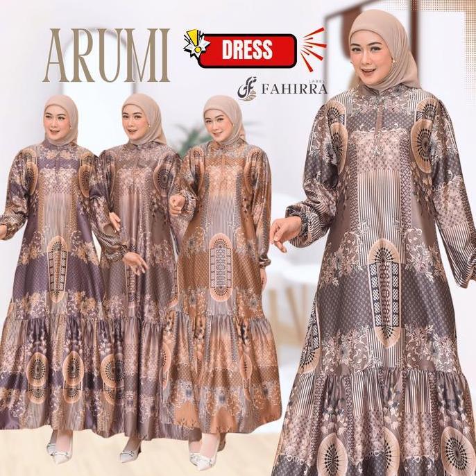 New Dress Arumi Bahan Silk Premium | Gamis Kondangan Lengan Balon Motif Bunga Elegan 2025 Promo Leba