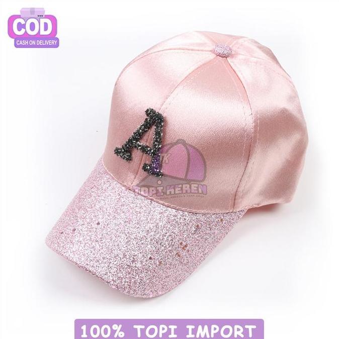 Topi Baseball Pria Wanita Logo A Satin Glitter Manik Hitam Pink Putih Mewah Outfit Gaya Korea Jepang