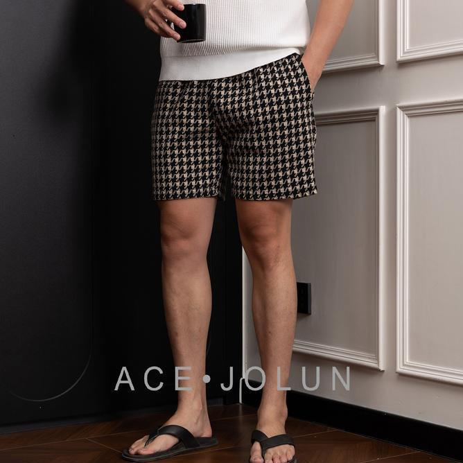 Celana Pendek Houndstooth Kain Karet Pria Musim Panas Longgar