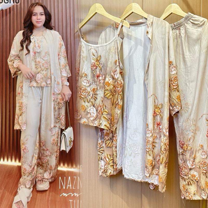 Nazma Setelan Tunik Raya Lebaran 2026 Set Wanita Celana Panjang 3 in 1 Rayon Motif Baju Muslim Outer