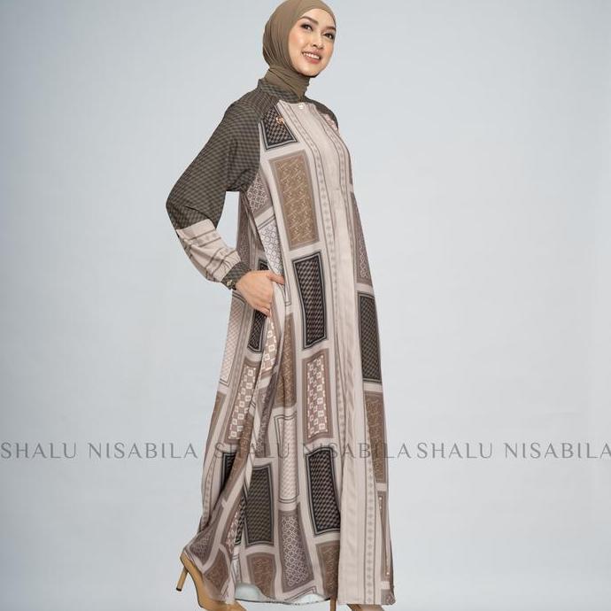 Shalu Nisabila - Lily Dress Gamis Wanita Motif Monogram Premium Elegan Muslimah Syar'i Hitam Abu Hij