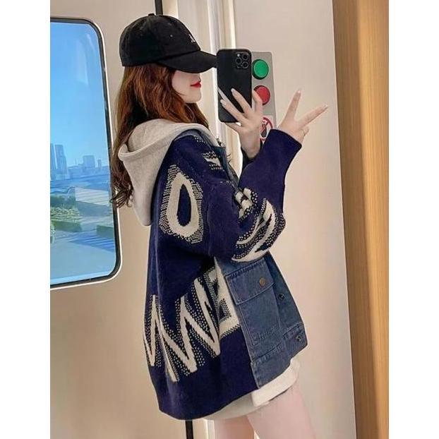 Murah Jaket Denim Zigzag Oversize - Jaket Zipper Hoodie Gaya Korean - Patch Work Jaket