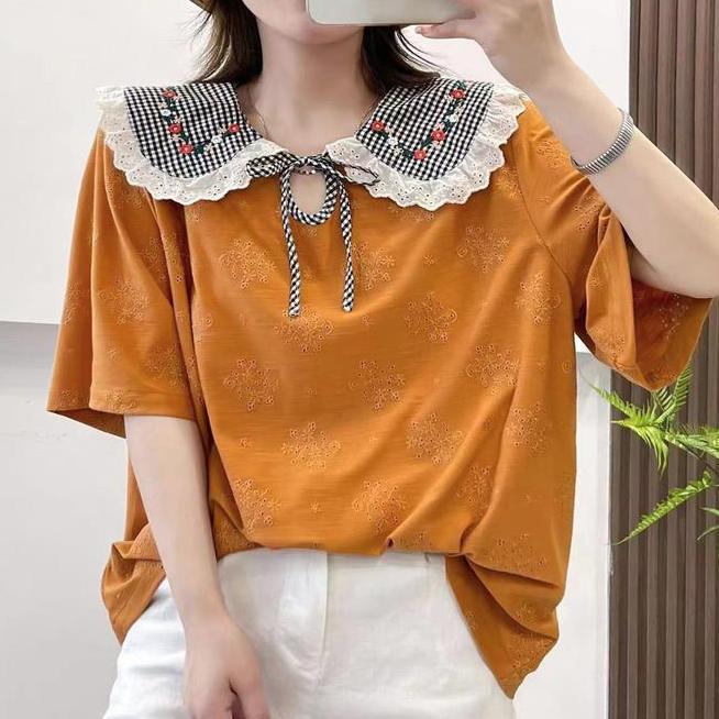 Kaos Kaos Orange Krem Bordir Orange Hitam Oversize Kerah Collar Lebar