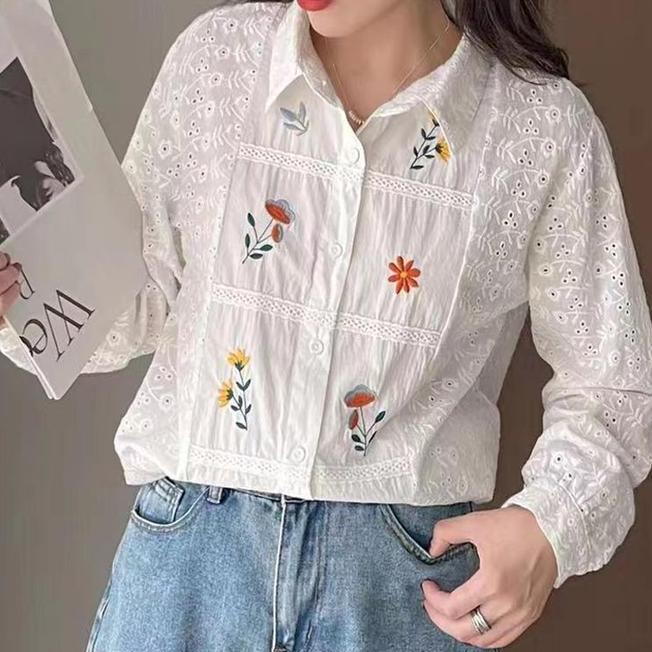 Blus Kemeja Katun Blus Kemeja Katun Putih Orange Putih Panel Brukat Bordir Bunga