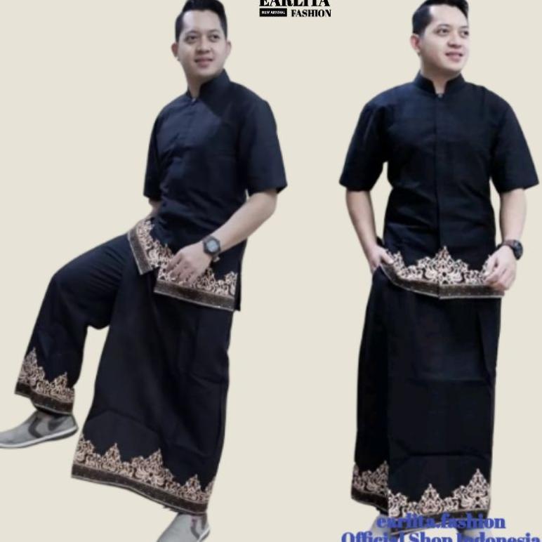SUPER DEAL BAJU KOKO DEWASA SETELAN SARUNG CELANA KEMEJA BATIK PRIA KOKO HITAM LENGAN PANJANG DAN PE