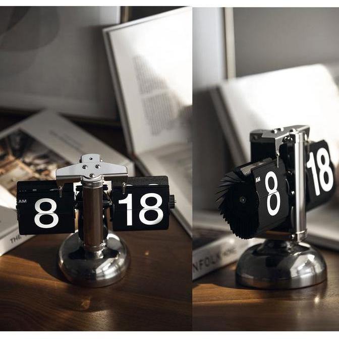 ROXY Vintage Retro Table Flip Clock Desk Jam Meja Klasik Kamar Putih Stainless