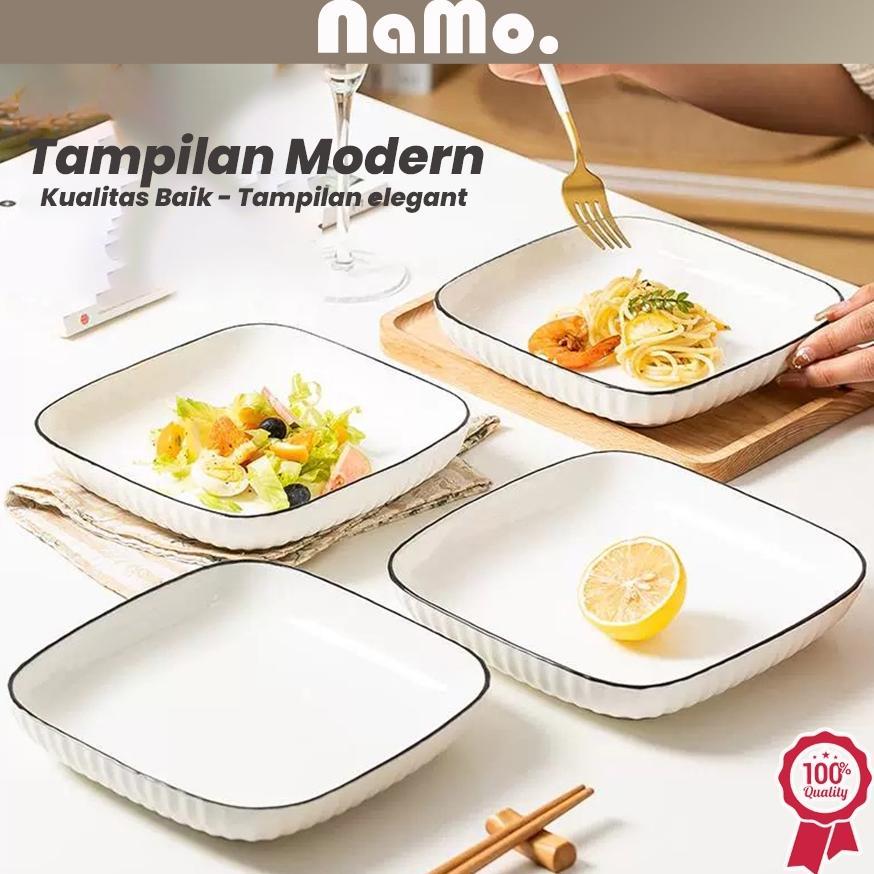 ORIGINAL NAMO GIFT - PIRING MAKAN KOTAK KERAMIK PUTIH LIST BLACK YAMADA STYLE/ PIRING PERSEGI JAPANE