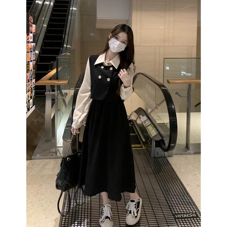 flash sale dress retro kasual wanita gaya korea dress lengan panjang kerja longgar