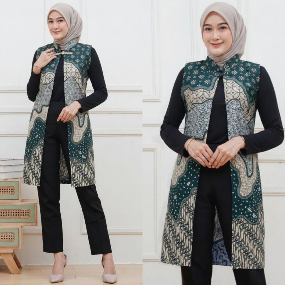 Termurah / Hot Sale Blazer Batik Wanita Modern Atasan Outer Batik Long Cardi Tanpa Lengan Terbaru