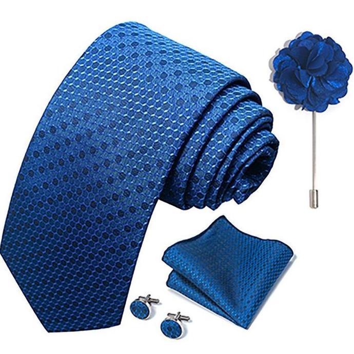 KIAMA - Dasi Set Formal Batik Biru Muda Sky Biru Navy Dongker Biru Tua Cufflink Saputangan Jas Ready