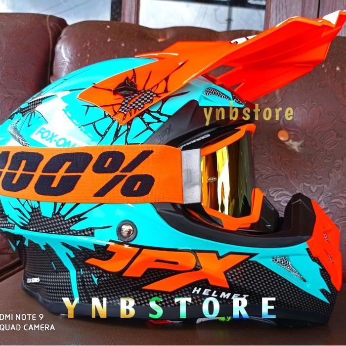Helm Jpx Cross Fox1 X34 Cracked Tosca Green + Kacamata Goggle Google 100% Persen Original Dan Terper