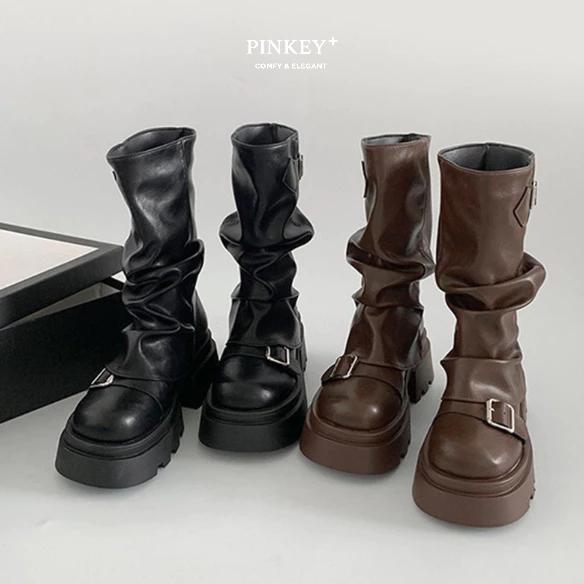 GARANSI PINKEY P424 Mid Calf Boots Wanita Platform Lug Sole Buckle Strap, Kulit Premium Look Boots C