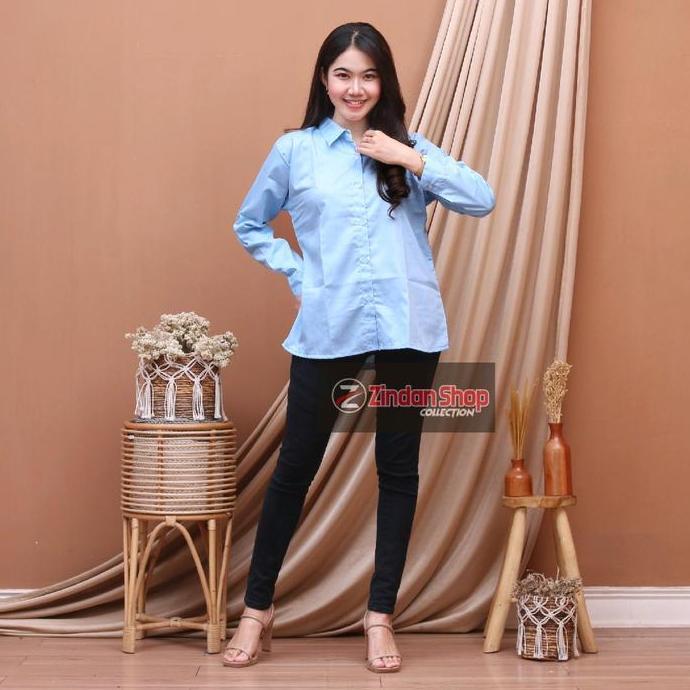 Termurah / Hot Sale Kemeja Wanita Biru Muda Polos Katun Toyobo Lengan Panjang Seragam Kerja Kantor K