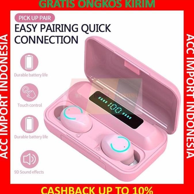 Headset Bluetooth Earphone TWS Macaron F9 Wireless Headset Pink Lucu