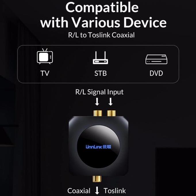 UNNLINK Analog to Digital Audio Converter ADC 96KHz RCA to Optic & Kbl
