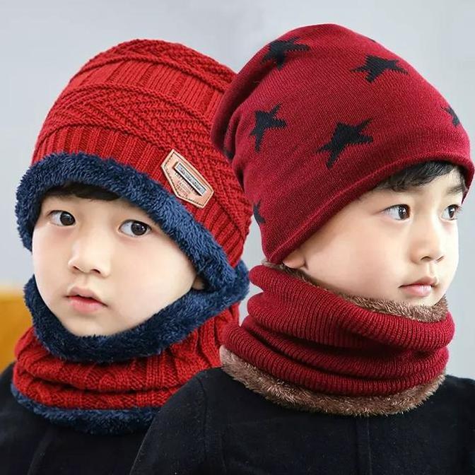 Kinder- Topi Kupluk & Syal Anak Cowok Cewek Premium Quality Woolen Yarn Hitam Navy Cokelat Tua Size 