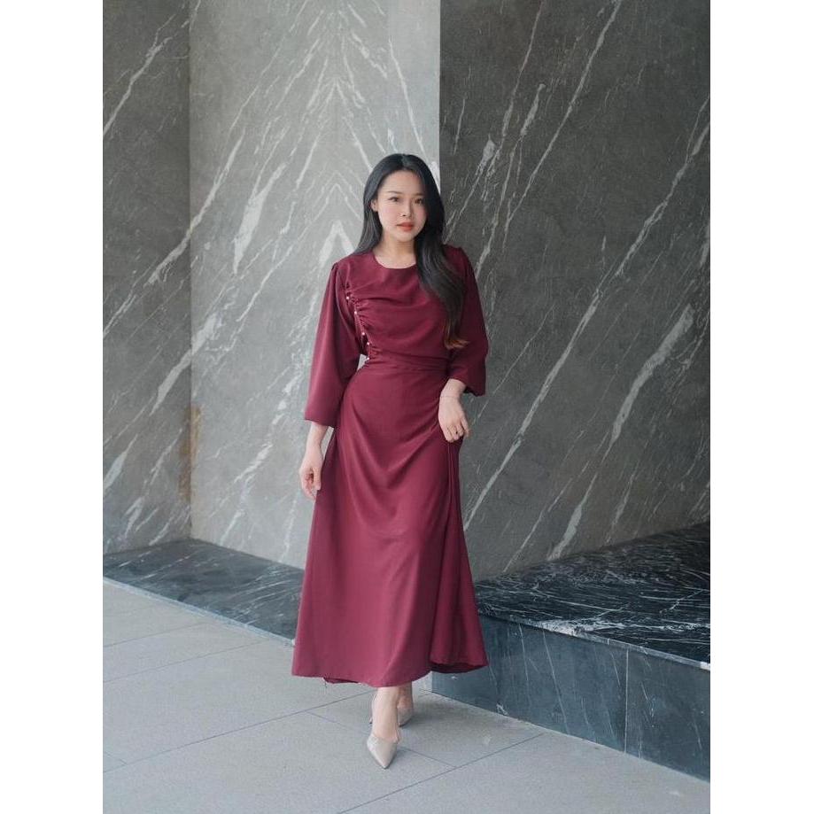 Kleid- Yeona Dress Cotton Draped Mewah Elegant / Dress Lengan Panjang Bertali Casual