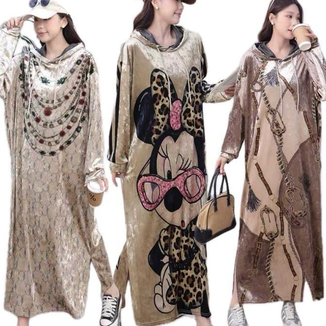 Kleid- Long Dress Velvet Bludru Lengan Panjang Motif Jumbo Wanita