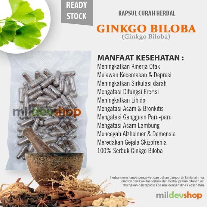 Drogen- Ginkgo Biloba 100 Kapsul Curah Herbal 500Mg Kapsul Halal Mui Untuk Kinerja Otak & Libido Ala