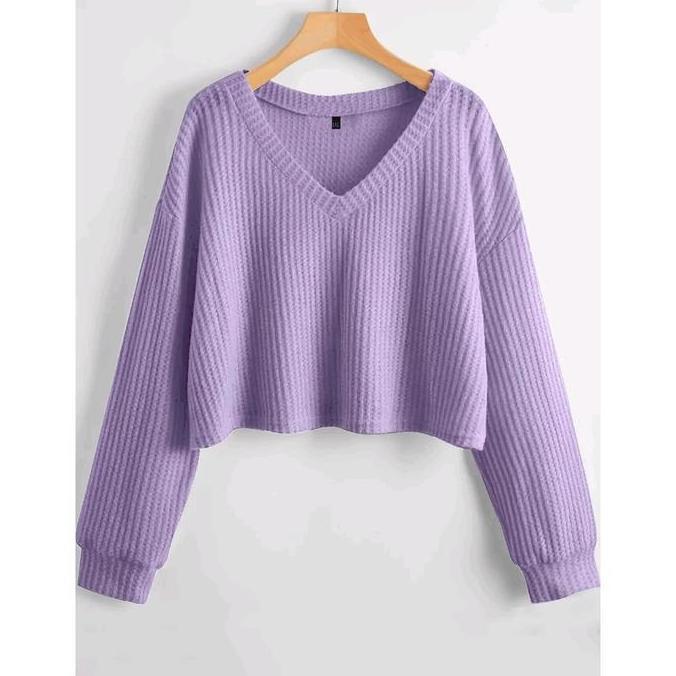 Sweater Crop Top waffle kerah V new arrifal Baju Nyaman Atasan Wanita setengah dada Simple