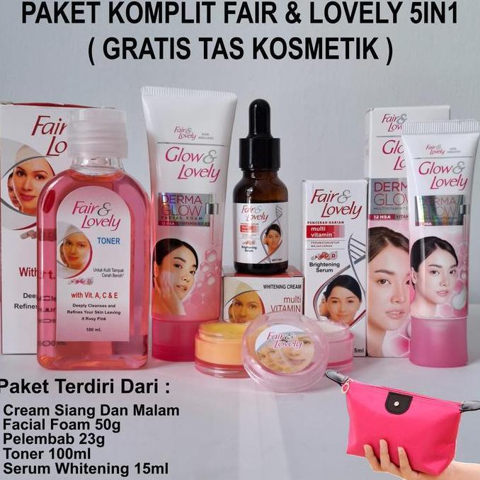 [ GRATIS TAS KOSMETIK ] Paket Lengkap Glowing Asli 5In1 Fair And Lovely - Cream Siang Malam - Pelemb