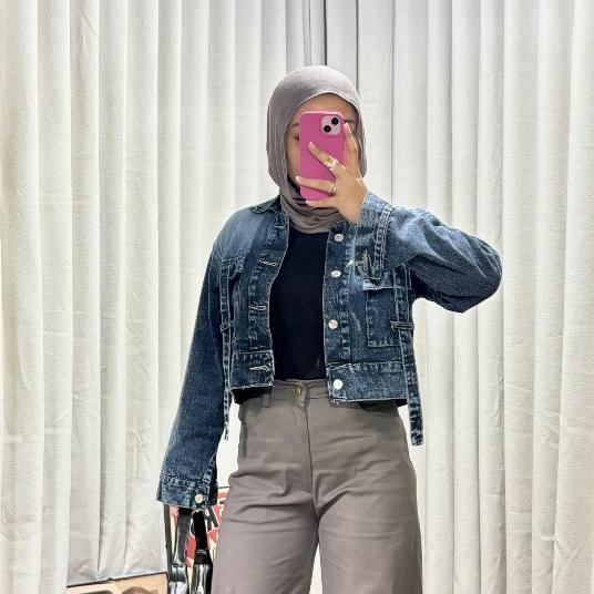 LIMITED EMWEHA Fuji Jaket Crop Jeans Denim Oversize cewek Pocket Variasi Tali Denim