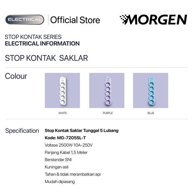 MORGEN STOP KONTAK MG-7205-SL-T 5 LUBANG + SAKLAR + KABEL 1,5 METER ORIGINAL DAN TERPERCAYA
