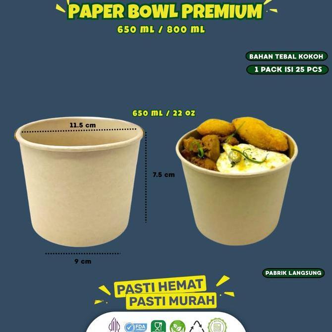[25 Pcs] Paper Bowl 800ml Food Grade / Rice Bowl Kraft Tanpa Tutup / Paper Bowl Food Grade / Mangkuk