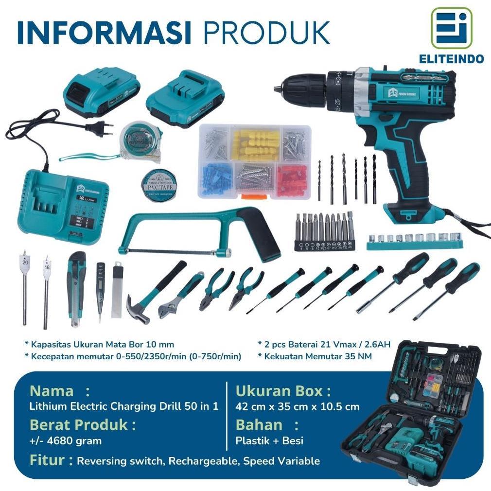 HARGA PROMO ELITE Set Mesin Bor 2 Baterai 50Pcs in 1 Toolkit Lengkap Perkakas Cordless Drill Impact 