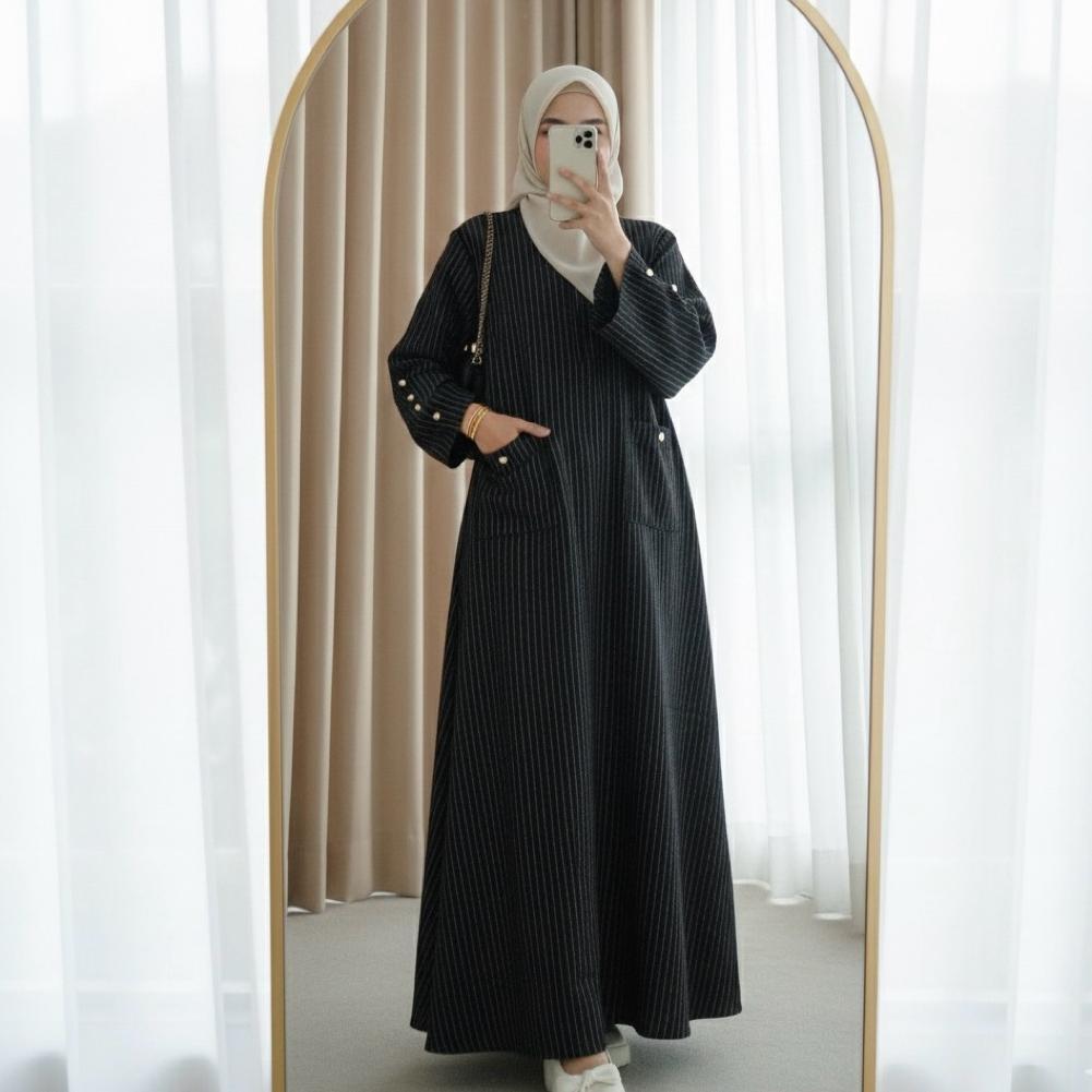 GARANSI Abaya Salur Strip Gamis Motif Salur Semiwoll Busui