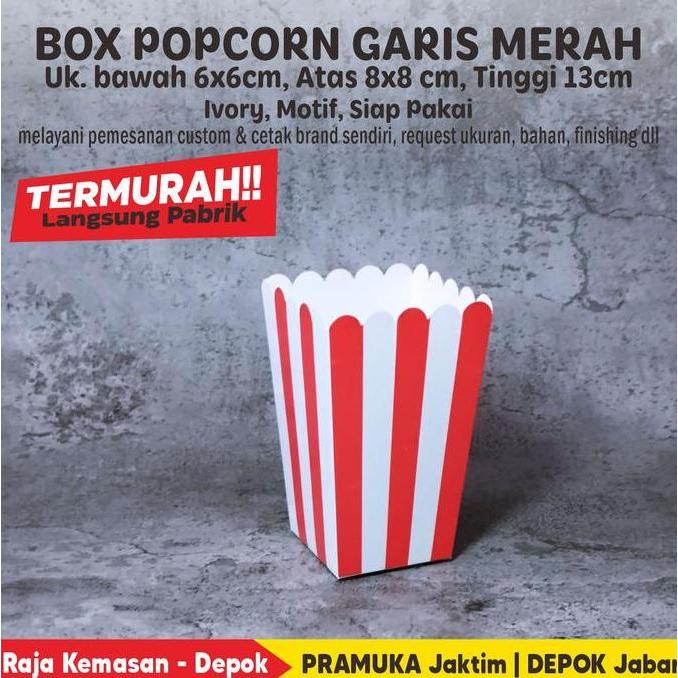Disposizioni- Box Popcorn 8X8X13 Cm Bahan Ivory Motif Garis Merah Siap Pakai (Isi 100 Pcs)