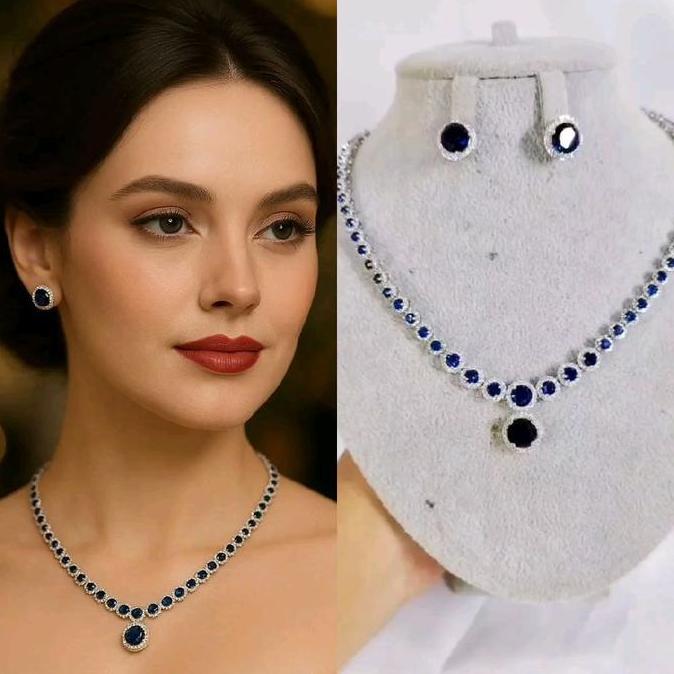 Xuping88 Set Kalung dan Anting Bridal Wedding FULL MATA BIRU LADY DIANA bronze imitasi SP6 Perhiasan