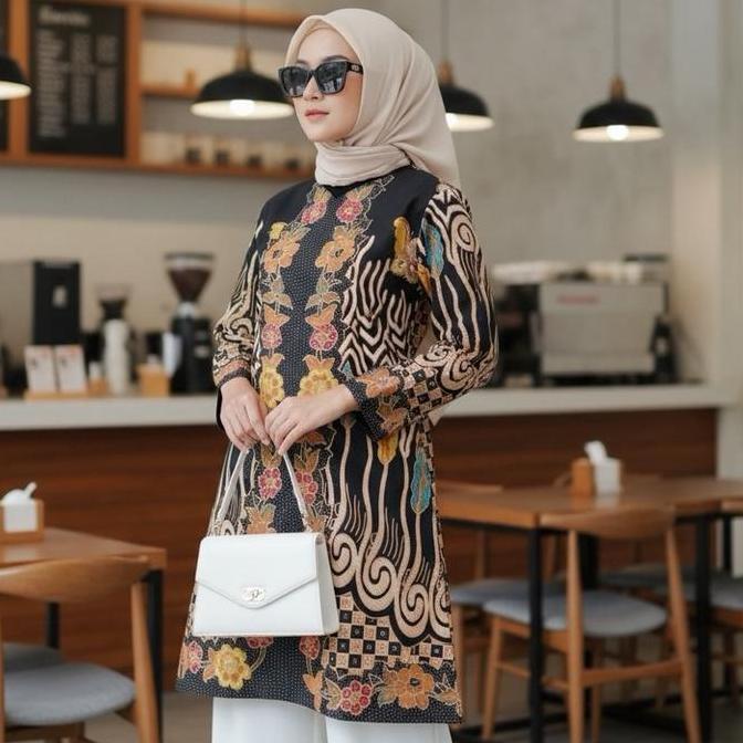 Shanaya Batik Dress Tricot Hitam Motif tunik Batik printing premium sragenan Lapis Tricot seragam ko
