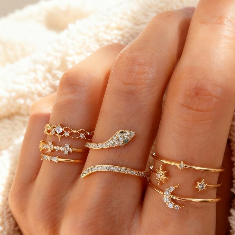 NEW DEALS Queenaie Cincin Set Ring 7pcs / Set Cincin Rantai terbuka Gaya Retro Korea Untuk Aksesoris