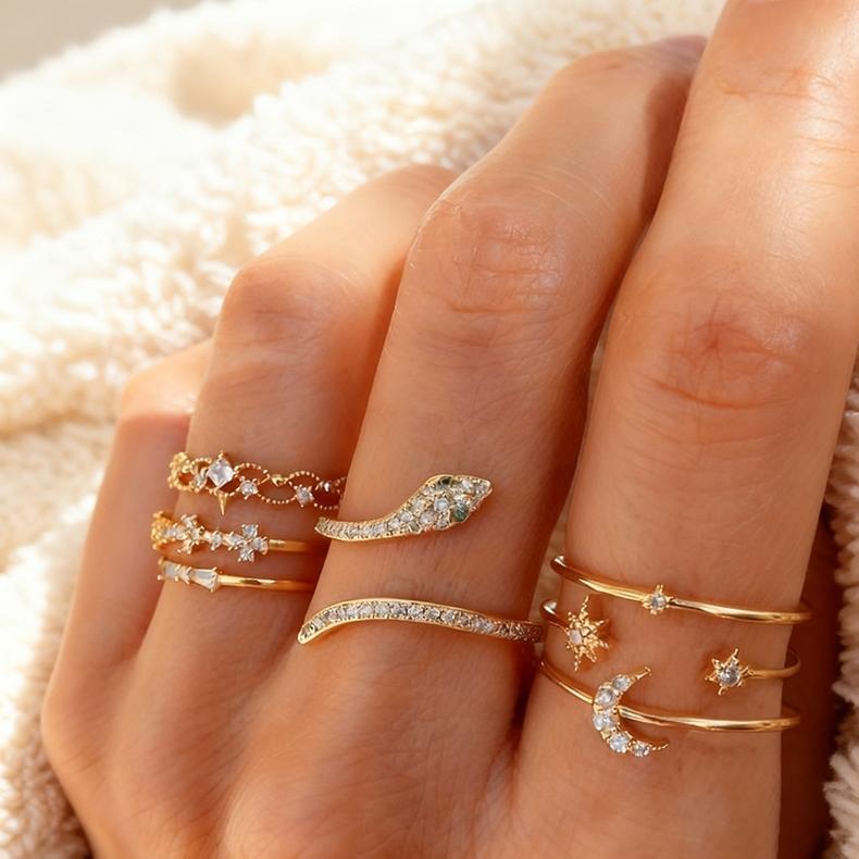 HOT DEALS Queenaie Cincin Set Ring 7pcs / Set Cincin Rantai terbuka Gaya Retro Korea Untuk Aksesoris