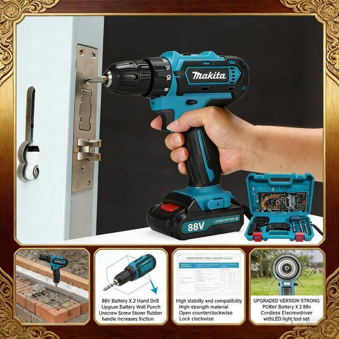 Makita 88Vf Mesin Bor 2Baterai Cas 10Mm Bor Listrik Murah Bor Tangan Baterai Besi Tembok Beton Kayu 