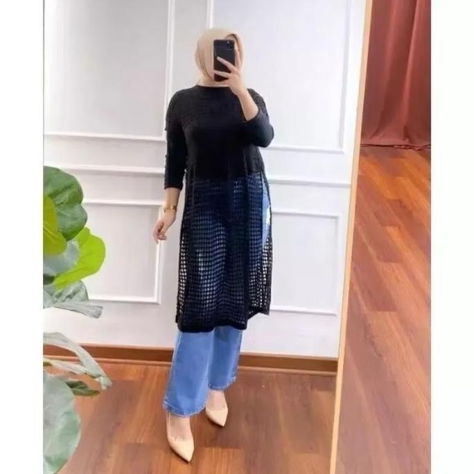 Ruby Tunik Variasi Jaring - Atasan Wanita Tanpa Lengan - Tunik Rajut Belah Samping Muslim Panjang Re