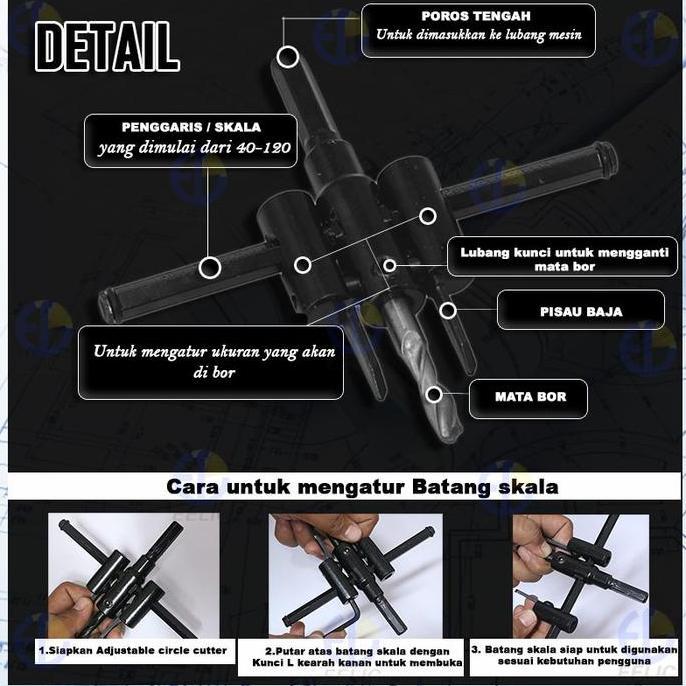 AHROKA EELIC MAB-30120MM Adjustable circle cutter 30 mm - 120 mm gergaji lubang lingkaran mata bor g