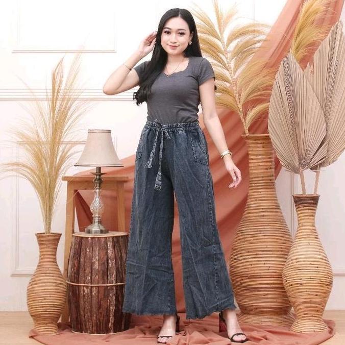 OOTD KULOT JEANS JUMBO ( M, L, XL, XXL ) SNOW TALI SERUT, PINGGANG KARET | KULOT LIPAT JEANS LIPAT P