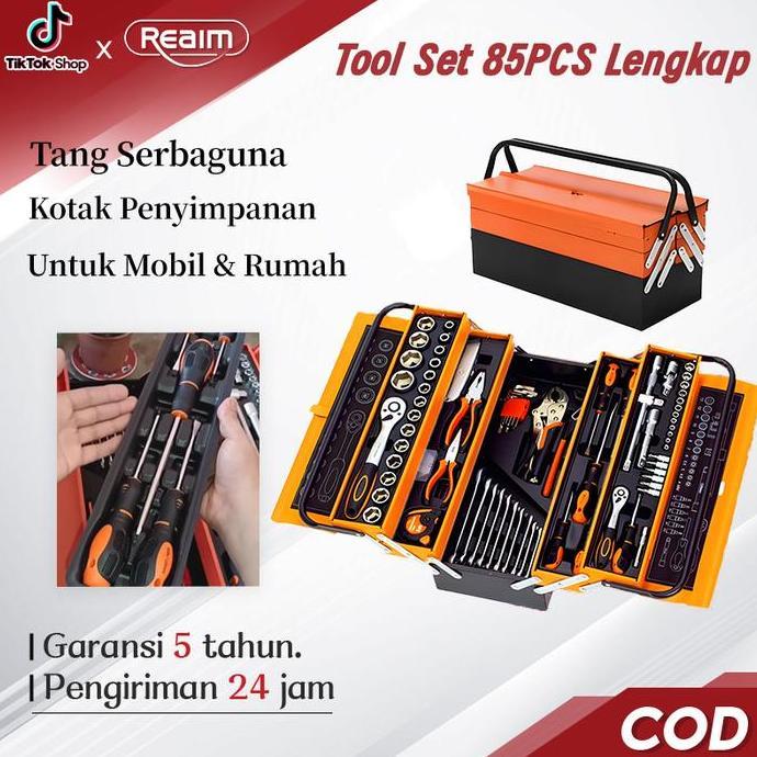 REAIM Tool Kit 85PCS Set Perkakas Bengkel Mobil Motor Kunci Sok Metrik Kunci Ring Kunci Shock Set Ma