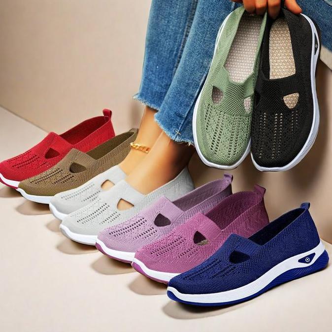 SOLWAY [14 Warna] Sepatu Flat Wanita Rajut Slip On Tahan Air Berpori Sol Karet Anti Slip || Jalan Sa